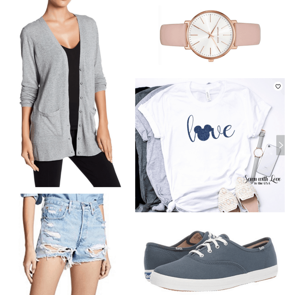 Disney parks outfit idea with gray cardigan, Disney tee shirt, blush pink watch, denim cutoffs, Keds