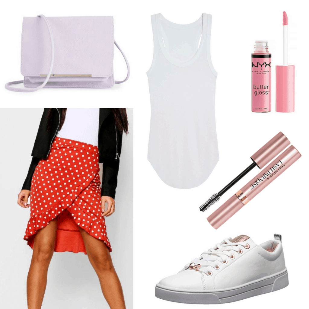 Minnie Mouse inspired Disney outfit with polka dot skirt, white tank top, purple bag, rose gold sneakers, lip gloss, mascara