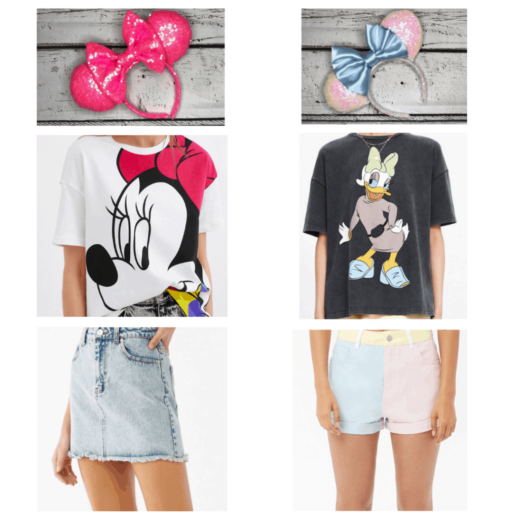 Disney Summer Outfits: Pink Ears, Minnie Shirt, Denim Skirt, White Ears, Daisy Shirt, Pastel Shorts