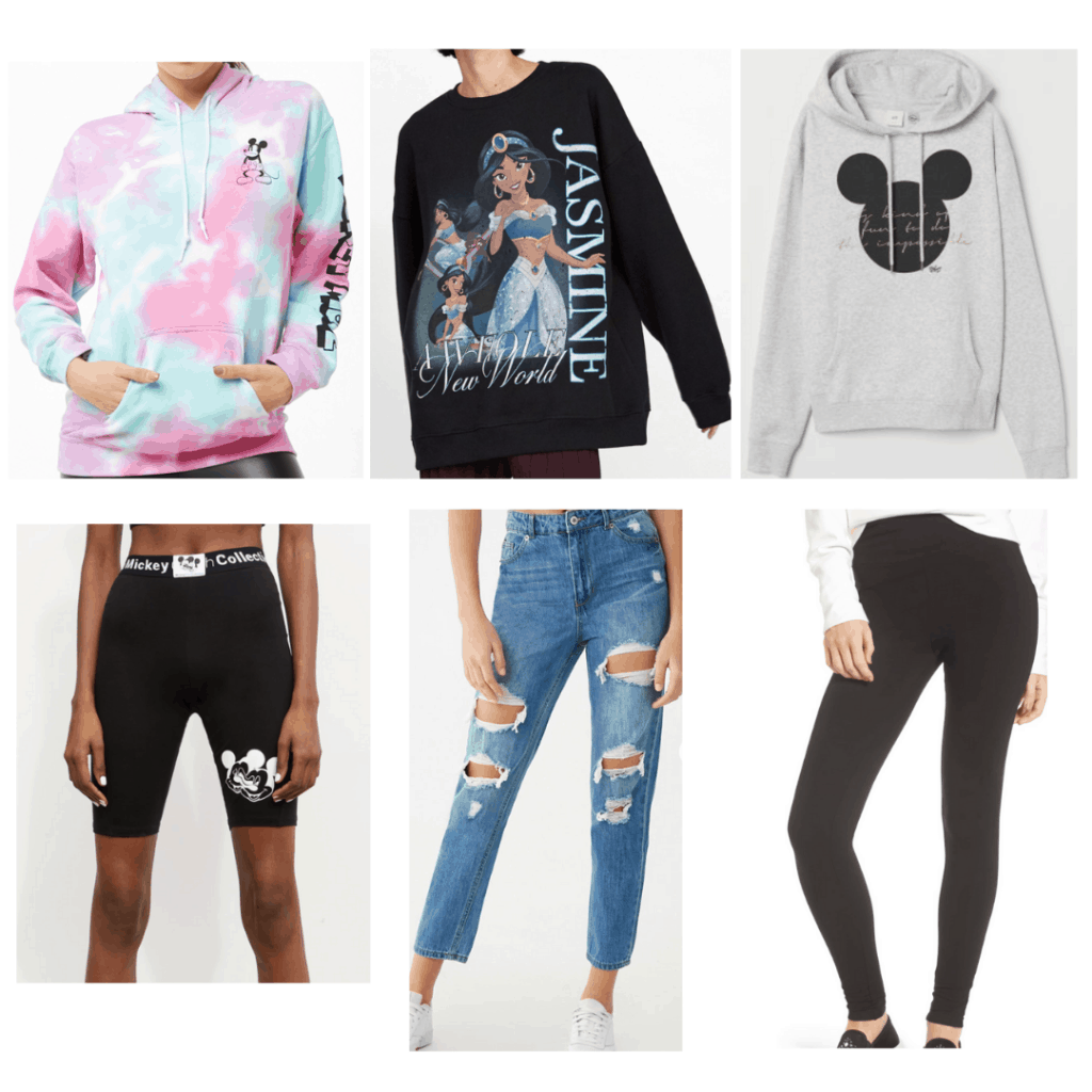 Disney Outfits: Tie Dye sweatshirt, Bike Shorts, Jasmine Sweatshirt, Boyfriend Jeans, Mickey Head Sweatshirt