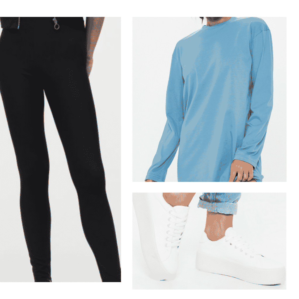 Outfit inspired by DVSN's album: Blue long sleeve top, black leggings, white flatform sneakers