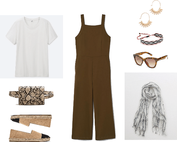 Fanny pack outfit with White crewneck short-sleeved t-shirt, snake-print fanny pack, faux-suede, flat-soled beige espadrilles with black cap-toe; dark khaki green sleeveless jumpsuit, gold semi-hoop earrings with small 