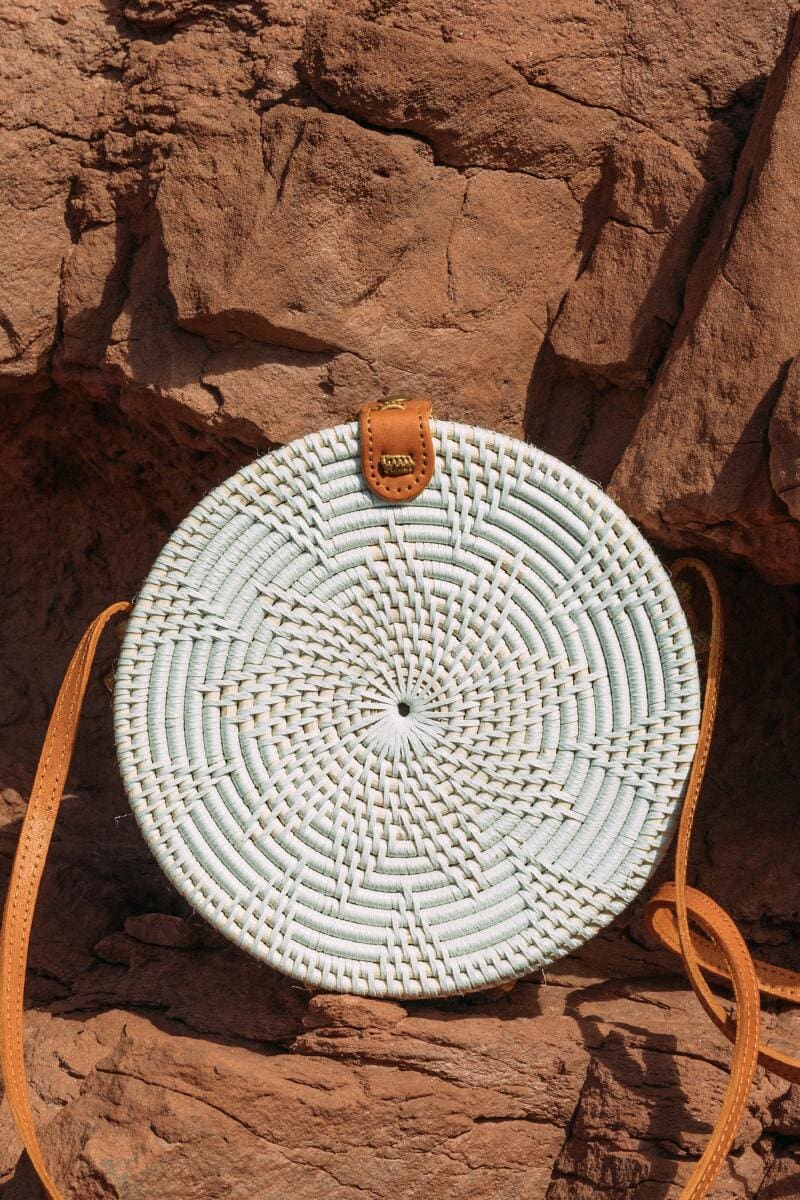 Boho accessories: White woven circular purse