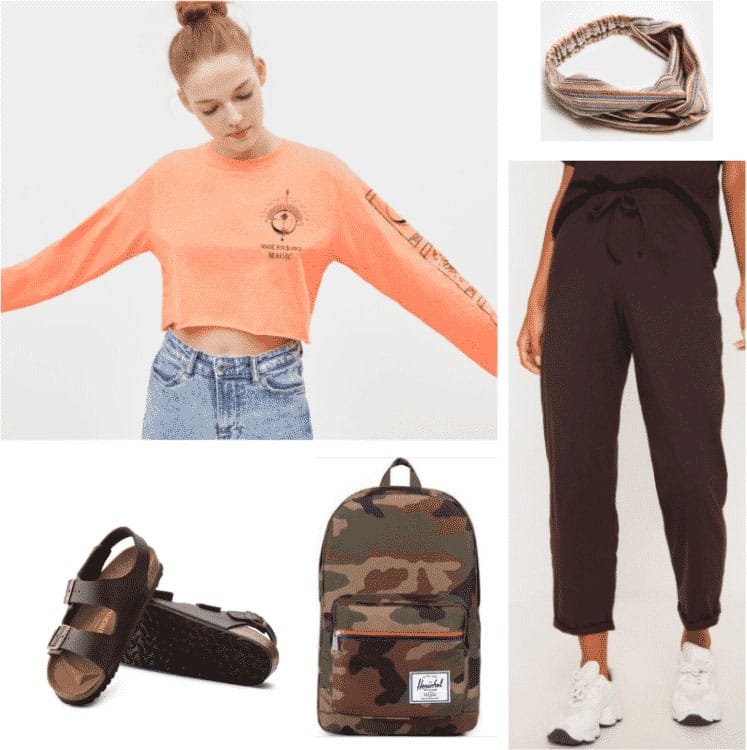 Hoseok inspired outfit with orange top, camo backpack, birkenstocks, headband, joggers