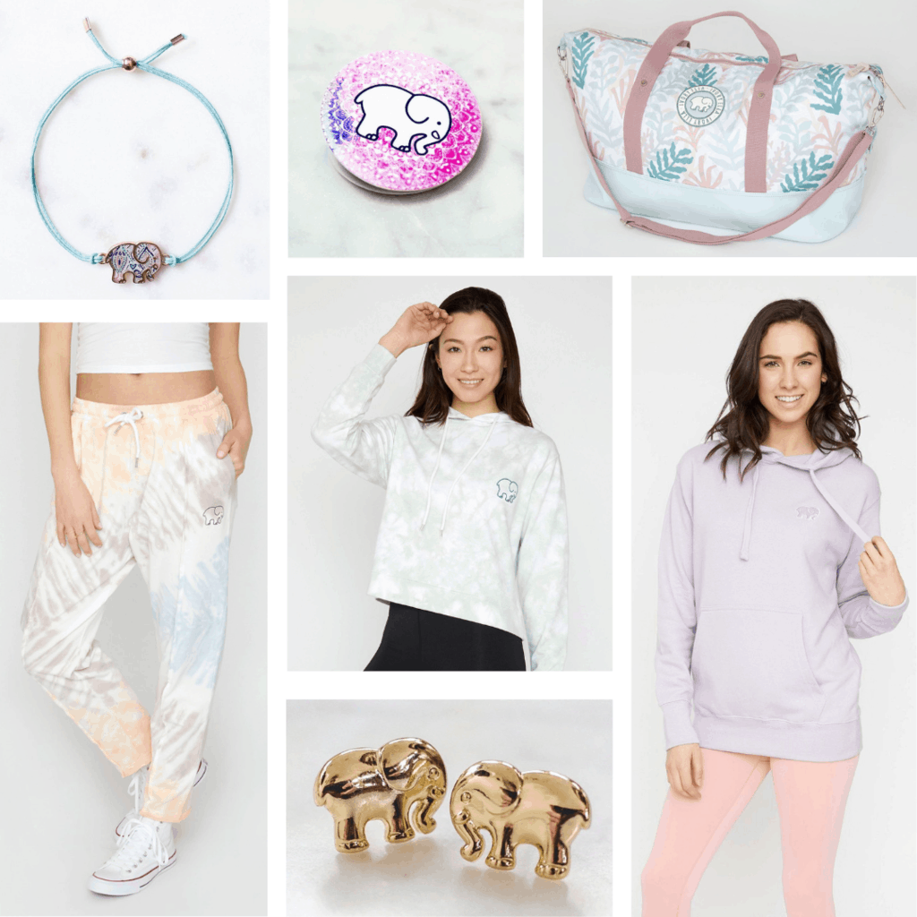 Ivory Ella clothes and accessories: Elephant bracelet, earrings, tie dye sweats, tie dye cropped hoodie, lavender oversized hoodie, weekender bag, pop socket