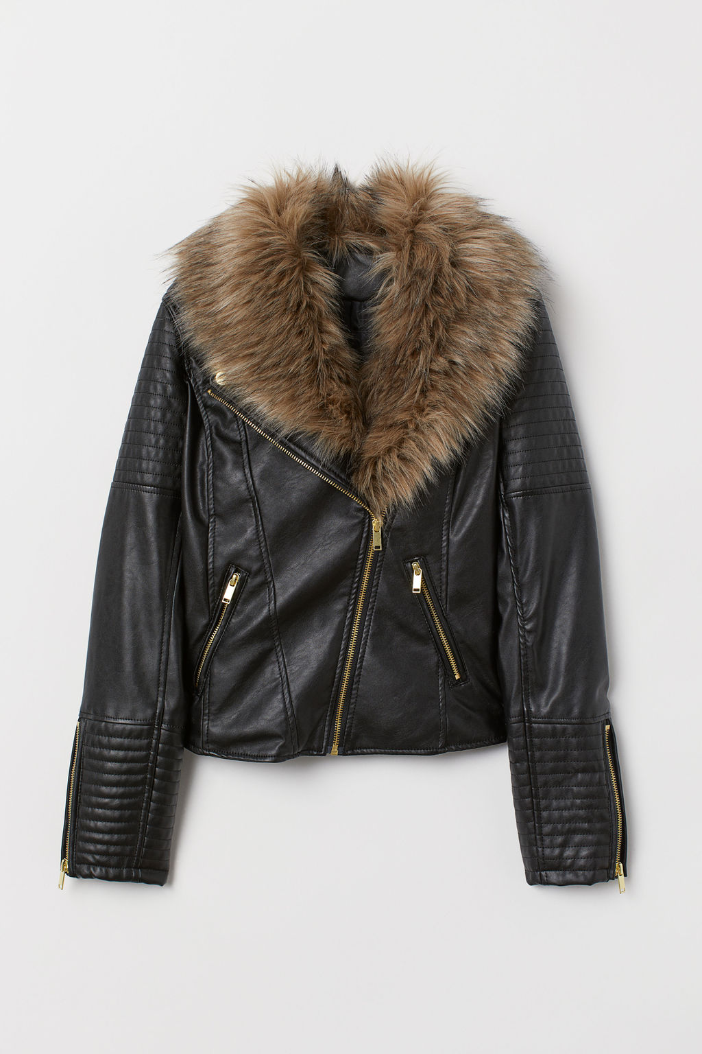 black faux leather jacket with fur trim collar