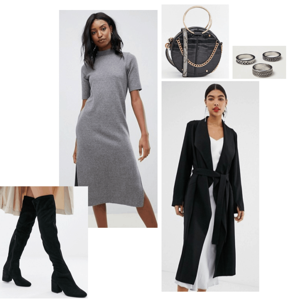 Sansa Stark inspired outfit with gray dress, over the knee boots, long cardigan, round bag, 