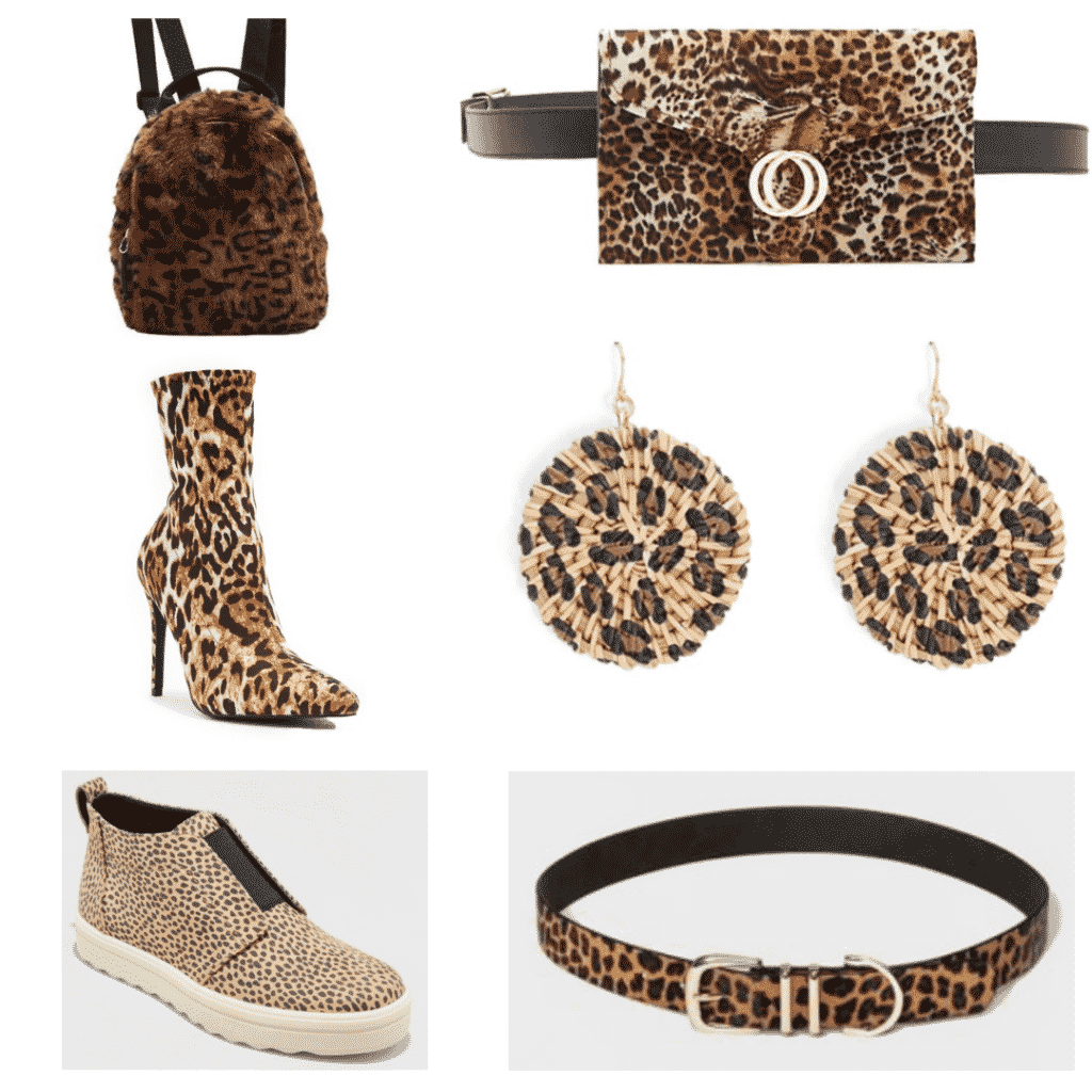 Leopard Accessories: Leopard Fur Backpack, Leopard Sock Booties, Leopard Sneakers, Leopard Belt Bag, Leopard Earrings, Leopard belt