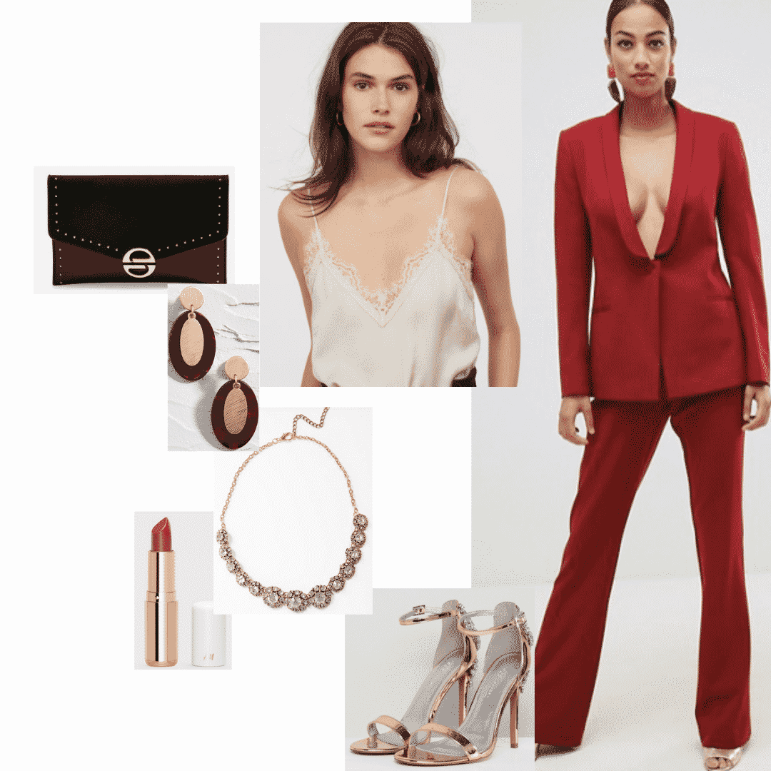 Cersei Lannister outfit with red suit, beige cami, red lipstick, gold jewelry