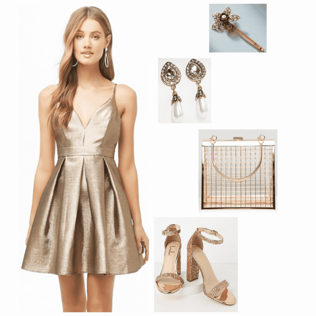 Margaery Tyrell inspired outfit -- gold dress with low neck, gold glitter heels, gold purse, pearl earrings