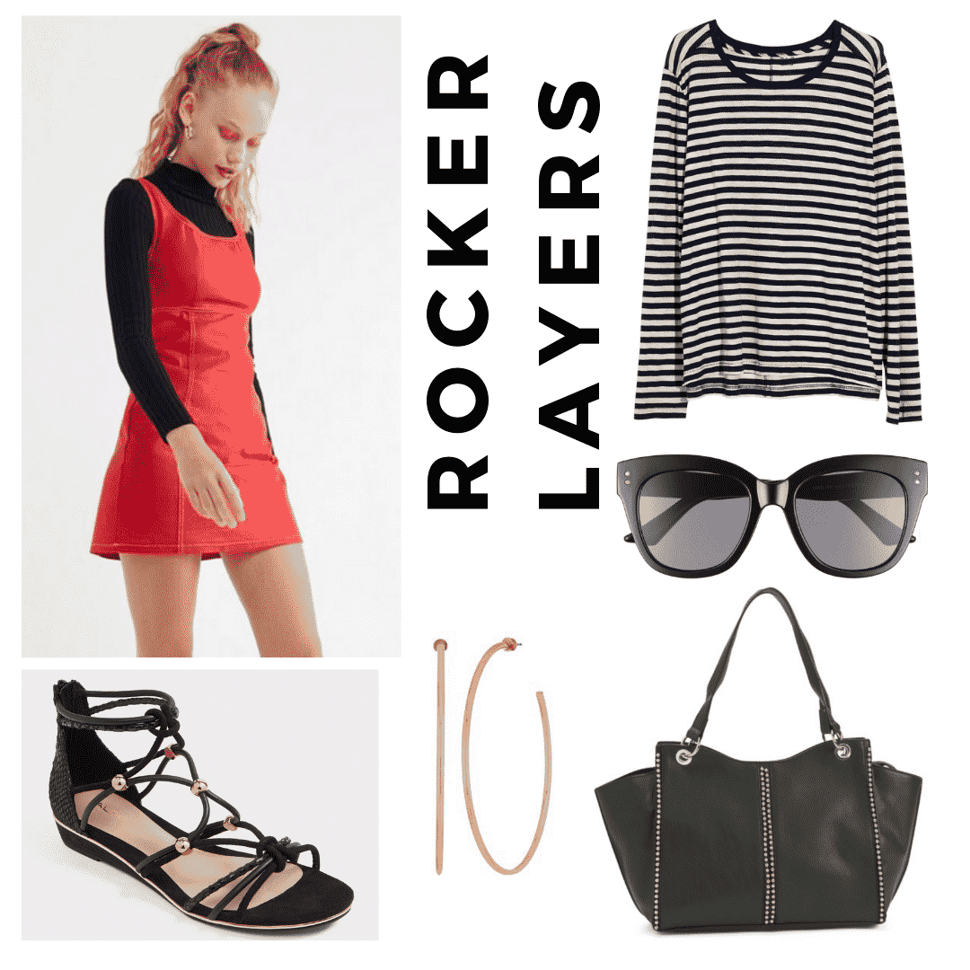 outfit panel with red jumper dress, black and white striped long sleeve tee shirt, oversized black sunglasses, gold hoop earrings, a black shoulder bag, and black sandals