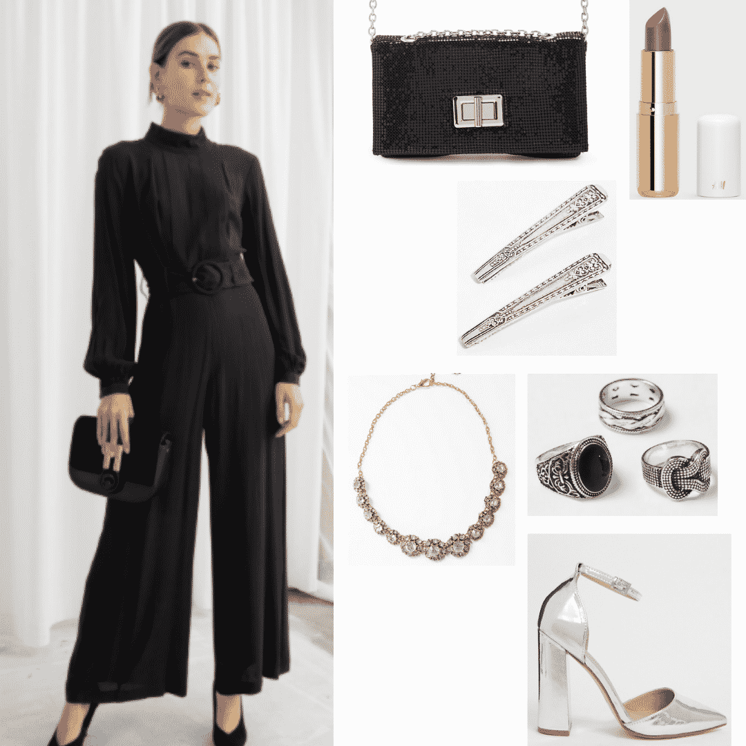 Cersei Lannister outfit with all black jumpsuit, silver jewelry