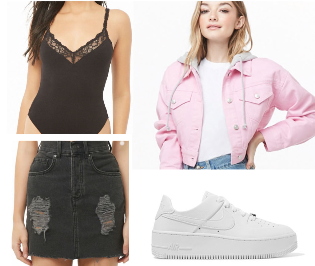 Casual night outfit inspired by Small Talk - pink denim jacket, black skirt, bodysuit, white sneakers