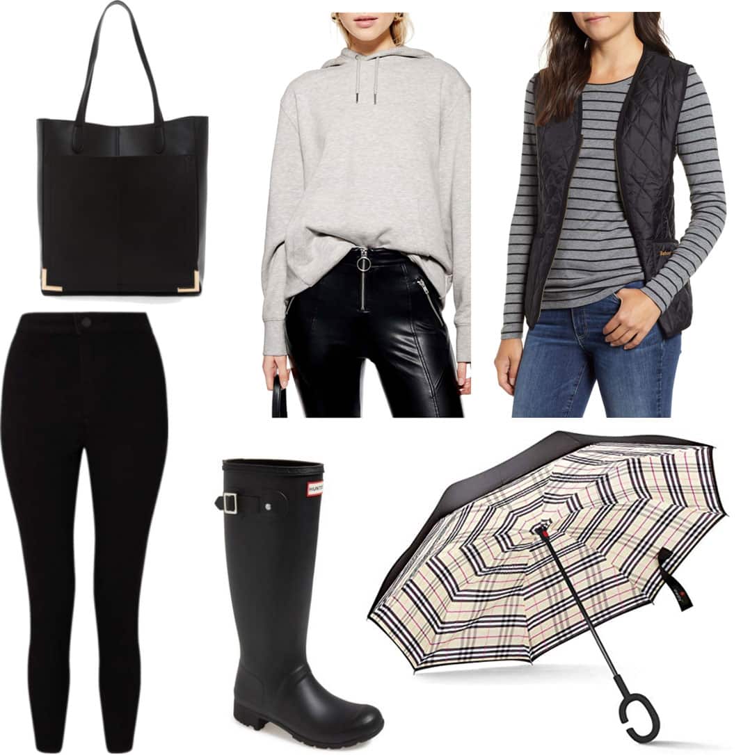 Winter rainy day outfit with black leggings, gray hoodie, black quilted vest, Hunter boots, black tote bag, plaid umbrella