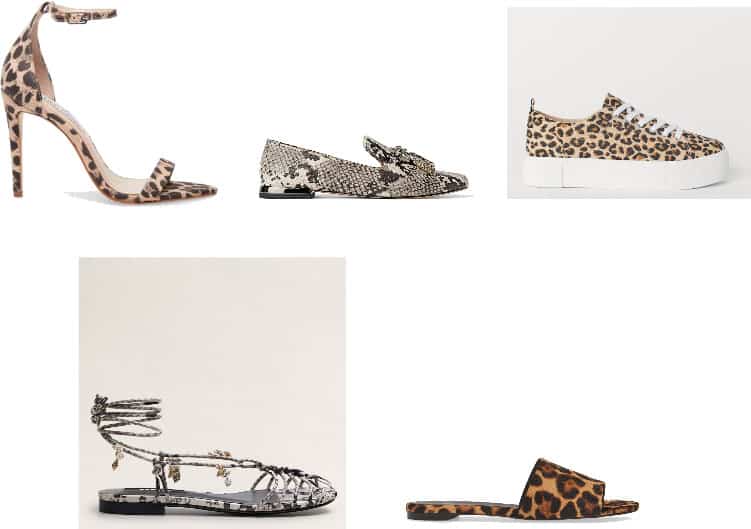 (Top Row, L-R) Leopard-Print Stiletto Sandals with Ankle Strap, Snake-Print Loafers with Tassels, Leopard-Print Platform Sneakers (Bottom Row, L-R) Snake-Print Sandals with Shells on Tie-Straps, Leopard-Print Calfhair Slides