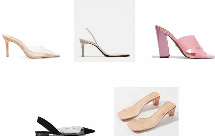 Spring 2019 accessory trends: Clear shoes (Top Row, L-R) Heeled Pointed-Toe Clear Mules, Heeled Clear Slingback Sandals, Pink Heeled Clear Slides (Bottom Row, L-R) Clear Slingback, Pointed-Toe Flats with Black Details, Chunky Kitten Heel Clear Sandals 