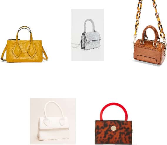 (Top Row, L-R) Yellow Croc-Embossed Mini Bag, Silver Glitter Top-Handle Micro Bag with Chain Strap, Mini Cognac Brown Croc-Embossed Bowler Bag with Tortoise Shell Patterned Chain (Bottom Row, L-R) White Top-Handle Mini Bag , Top Handle Animal-Print Box Bag with Red Top-Handle and Gold Circle Closure