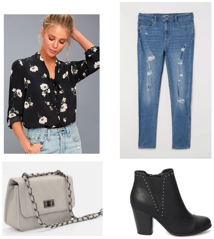 Winter to spring transition outfit with cute floral blouse, ripped jeans, chain strap bag, ankle boots