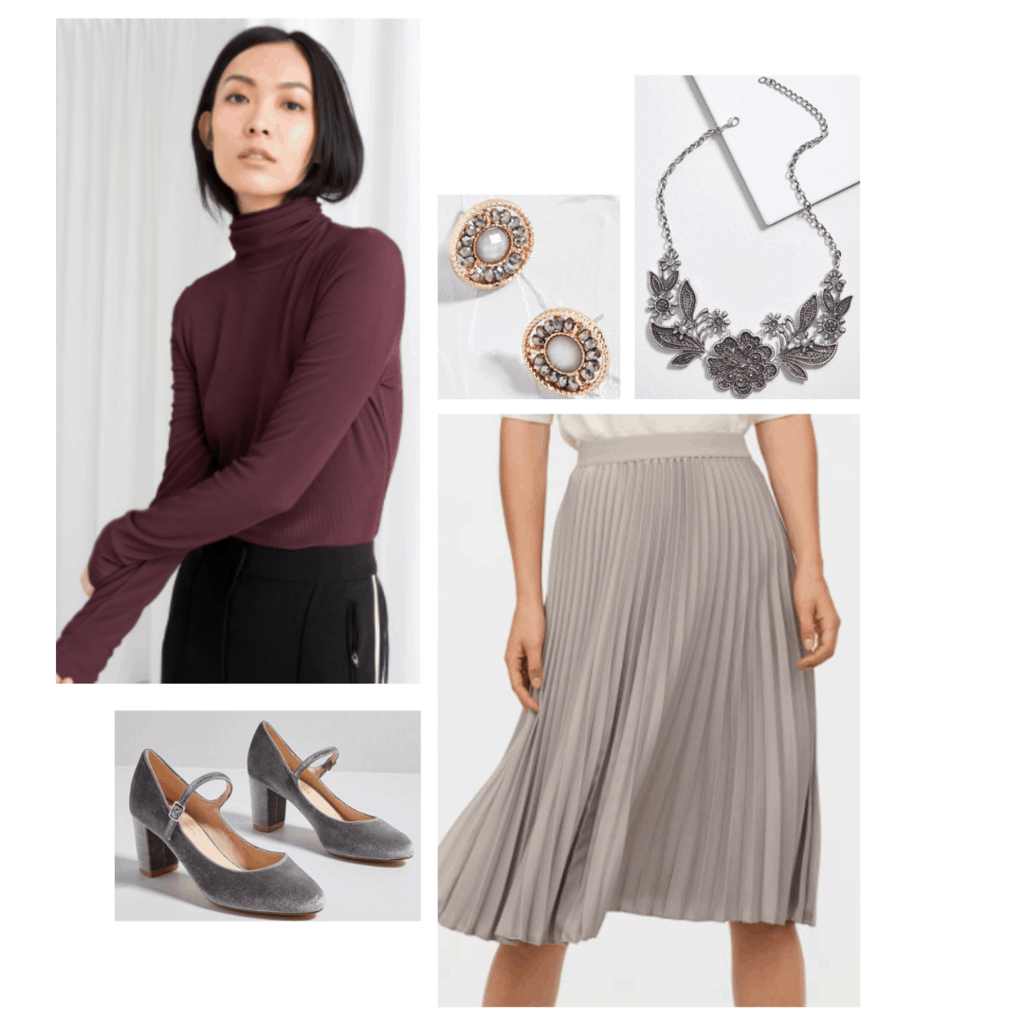 Margaery Tyrell style season 6 inspired outfit with burgundy turtleneck, gray pleated skirt, gray mary-jane heels, gold earrings, silver necklace