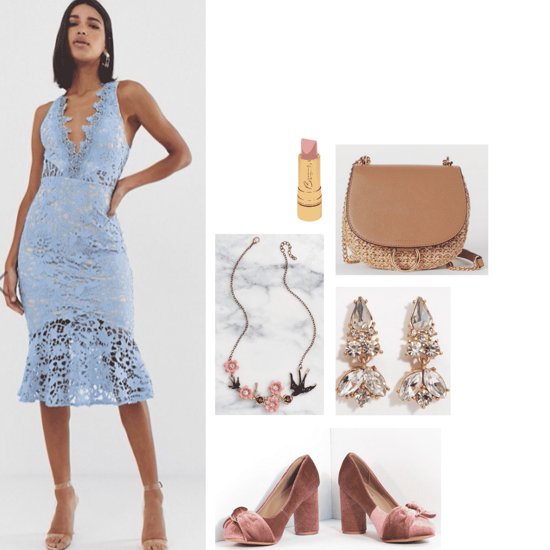 Outfit inspired by Margaery Tyrell from Game of Thrones during seasons 2 and 3: Low v-neck lace dress in blue, rose jewelry, velvet heels