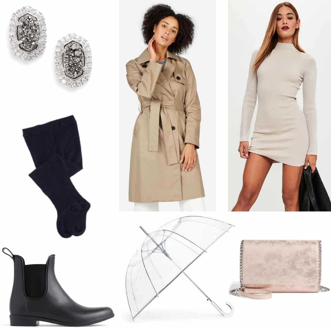 Winter rainy day outfit with sweater dress, black tights, tan trench coat, black rain boots, clutch bag with chain strap, stud earrings