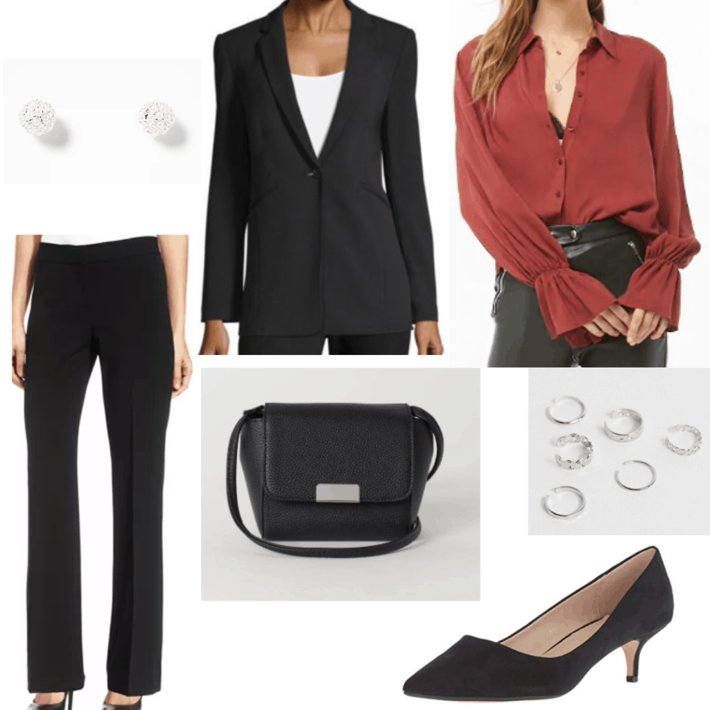 Outfit for a work conference with black blazer, black dress pants, rust long sleeve, mini bag, kitten heels, earrings and rings