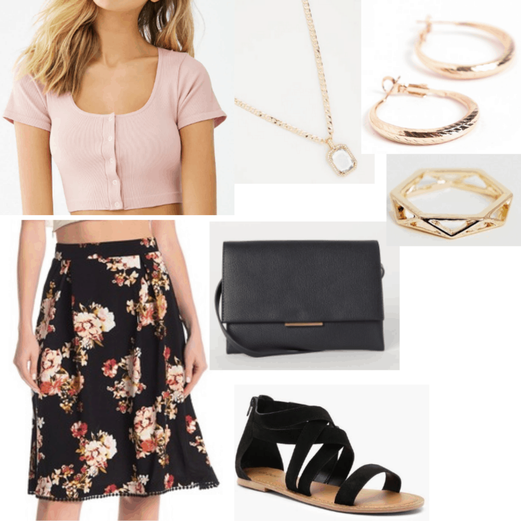 Family barbecue outfit with floral skirt, light pink crop top, gold jewelry, black crossbody bag, black sandals