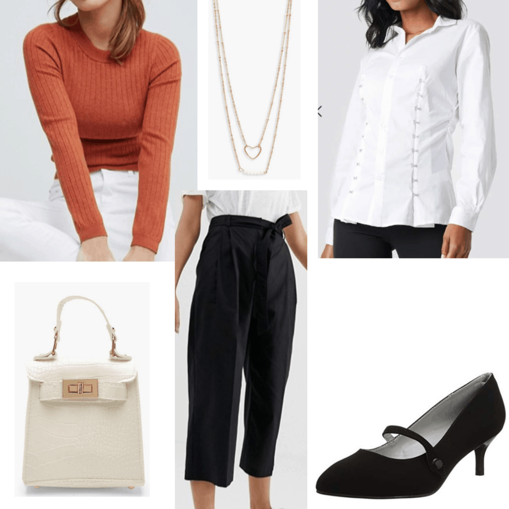 What to wear to a work conference: Outfit with black pants, rust long sleeve shirt, necklace, kitten heels