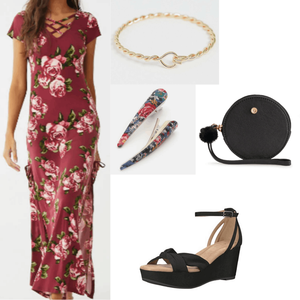 Family barbecue outfit with floral maxi dress, gold bracelet, hair clips, wedges