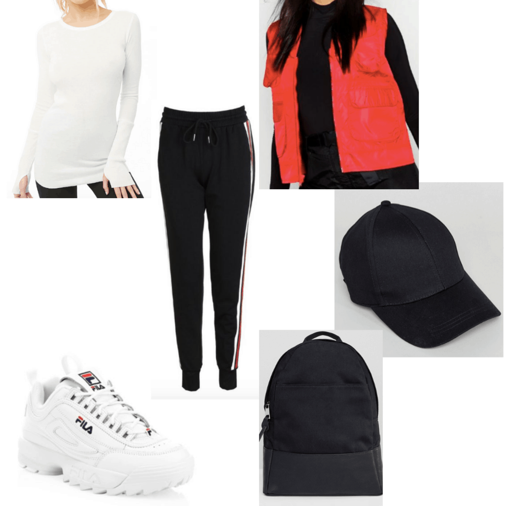 White fila sneakers outfit with long sleeve top, red vest, black hat, black backpack, striped joggers