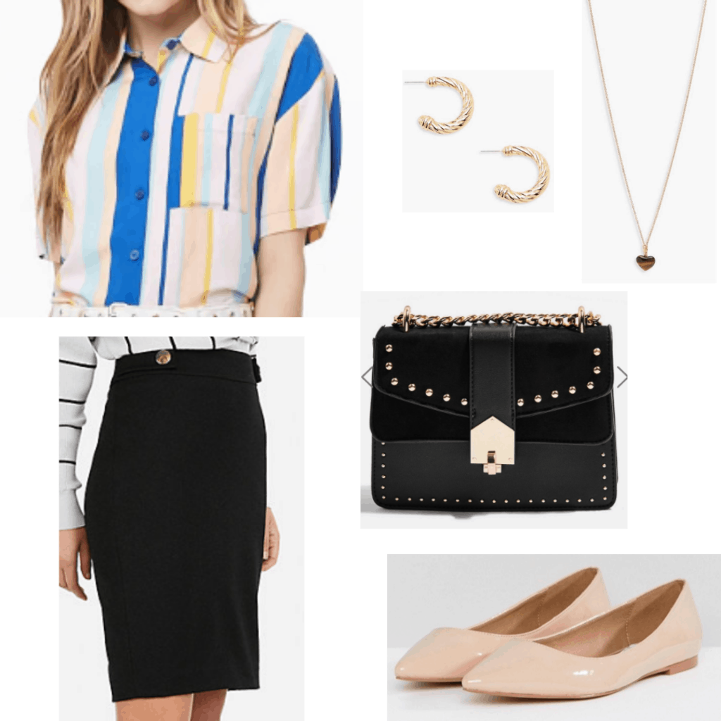 Outfit for a work conference with black pencil skirt, nude flats, studded bag, striped shirt, simple jewelry