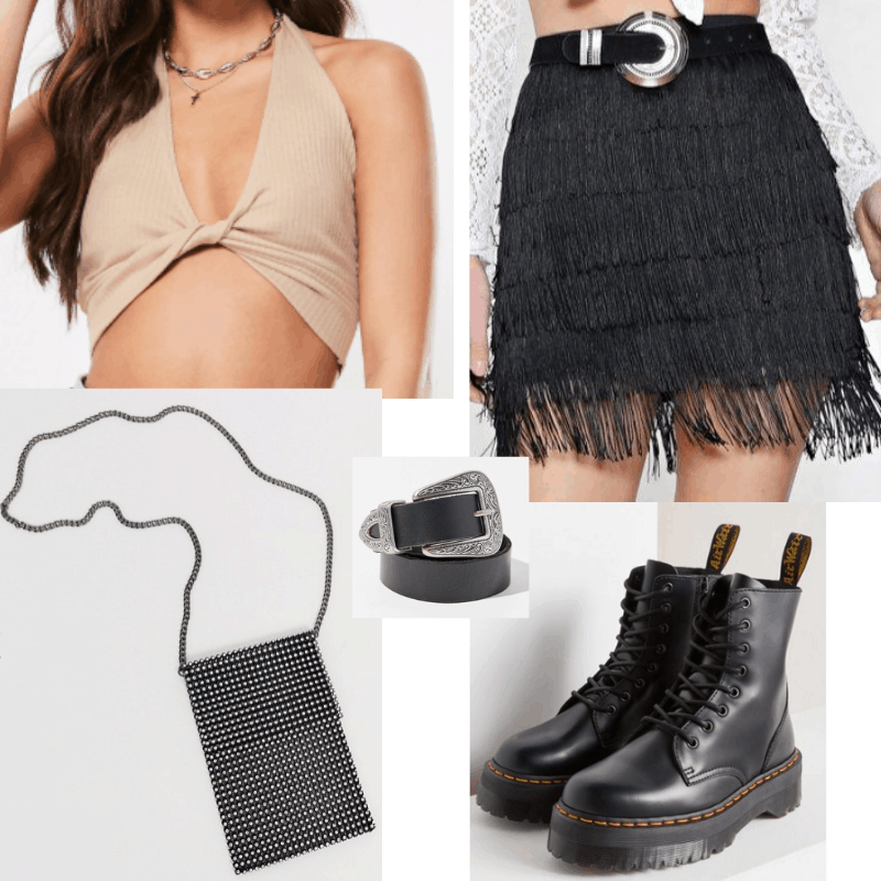 Coachella 2019 outfit with fringe skirt, nude crop top, black belt, platform docs, and studded crossbody bag