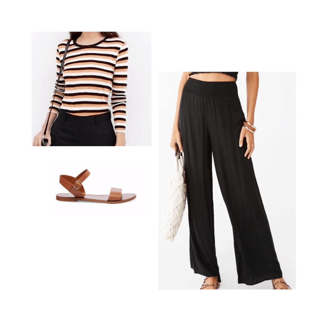 Blake Lively inspired outfit with black wide leg pants, striped top, and brown sandals