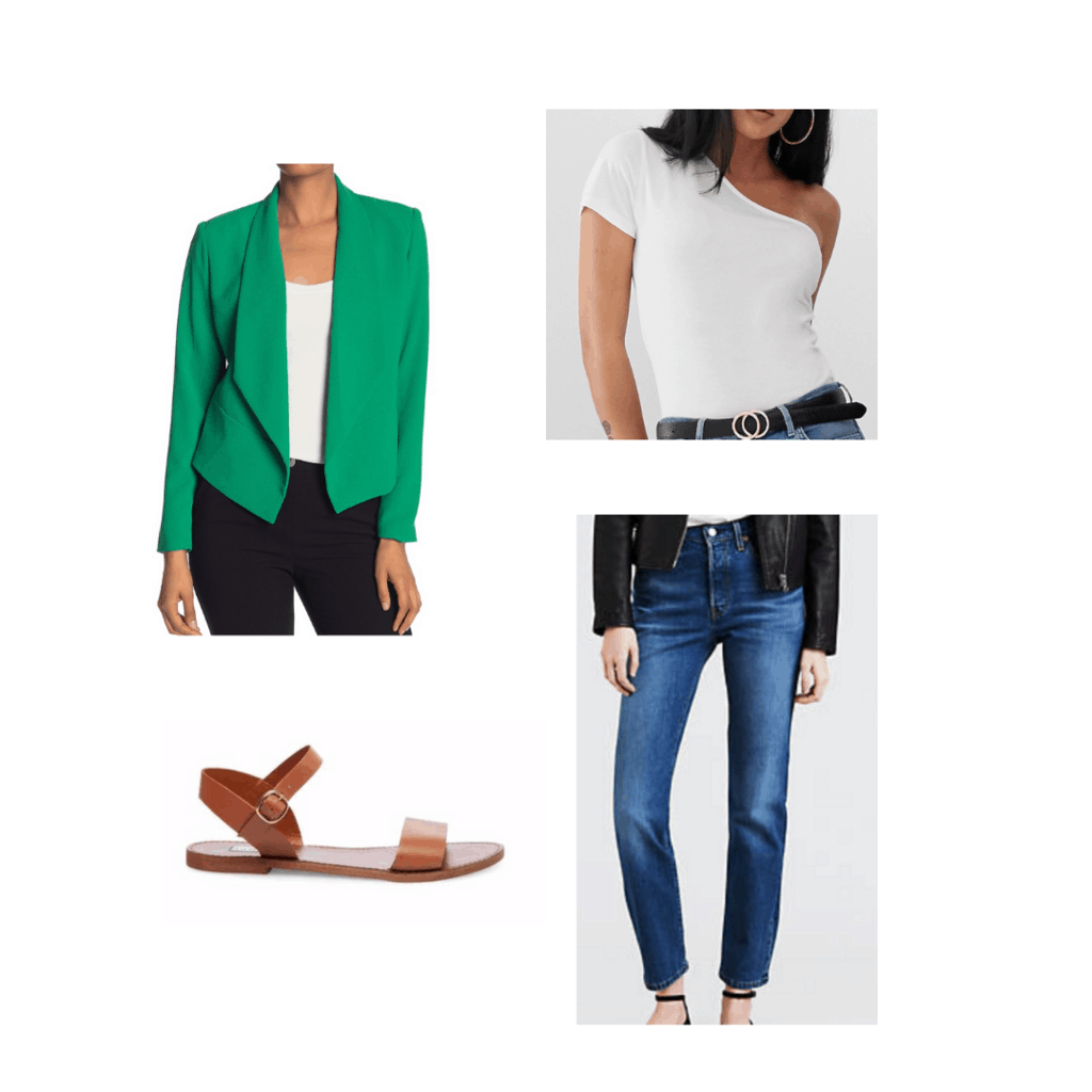 Blake Lively inspired outfit with green blazer, white off shoulder top, blue jeans, brown sandals