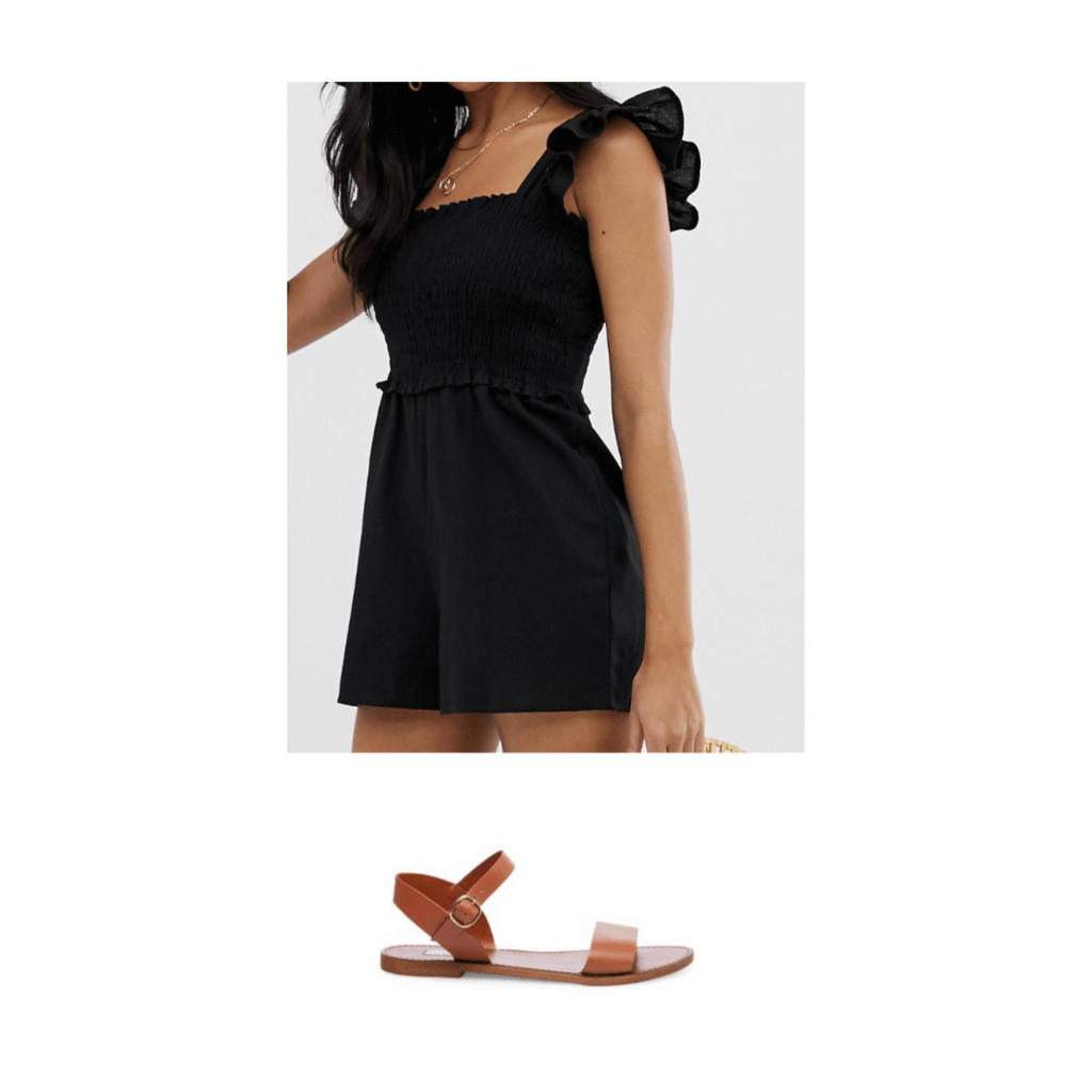 Blake Lively inspired outfit with brown sandals and black romper