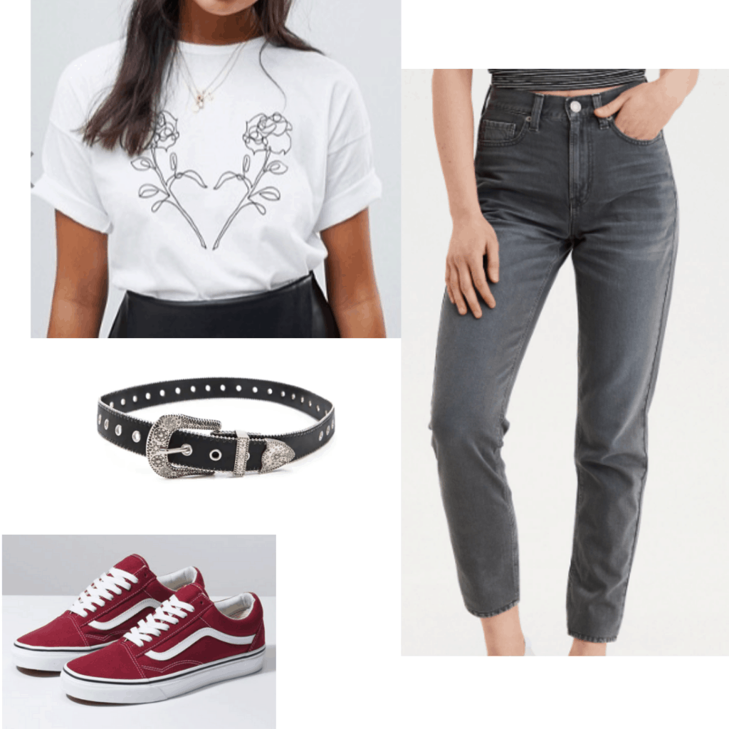 Spring outfits for class - cute gray jeans outfit with white graphic tee shirt, black belt, red Vans