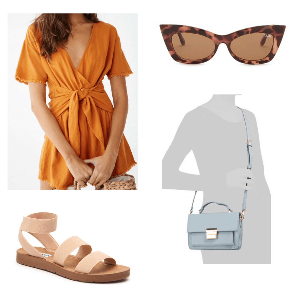 What to wear in Vietnam: Outfit idea with tortoiseshell cat eye sunglasses, orange surplice romper, blue crossbody bag, beige sandals