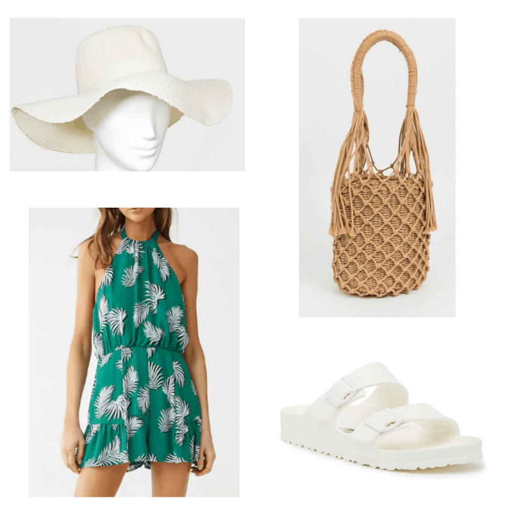 What to wear in Vietnam: Outfit idea with white floppy sun hat, straw bag, green leaf halter romper, white sandals