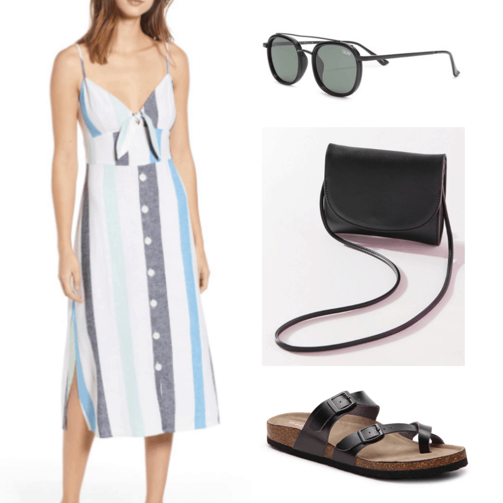 What to wear in Vietnam: Outfit idea with striped linen sundress, circular sunglasses, black crossbody bag, black sandals