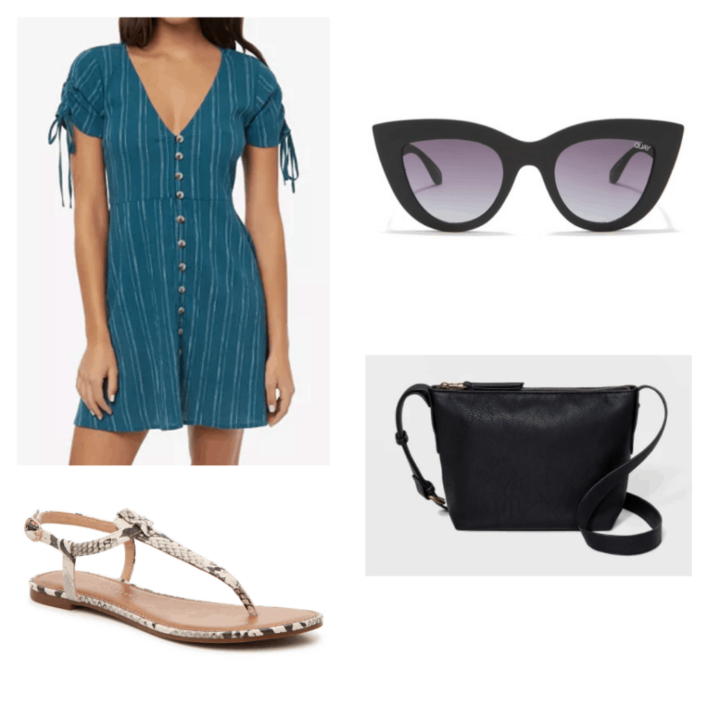 What to wear in Vietnam: Outfit idea with blue button-front dress, cat-eye sunglasses, simple sandals and crossbody bag