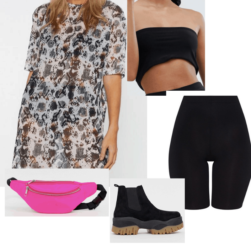 Coachella outfit 3: bike shorts, black crop top, neon bag, chunky boots, sheer overlay