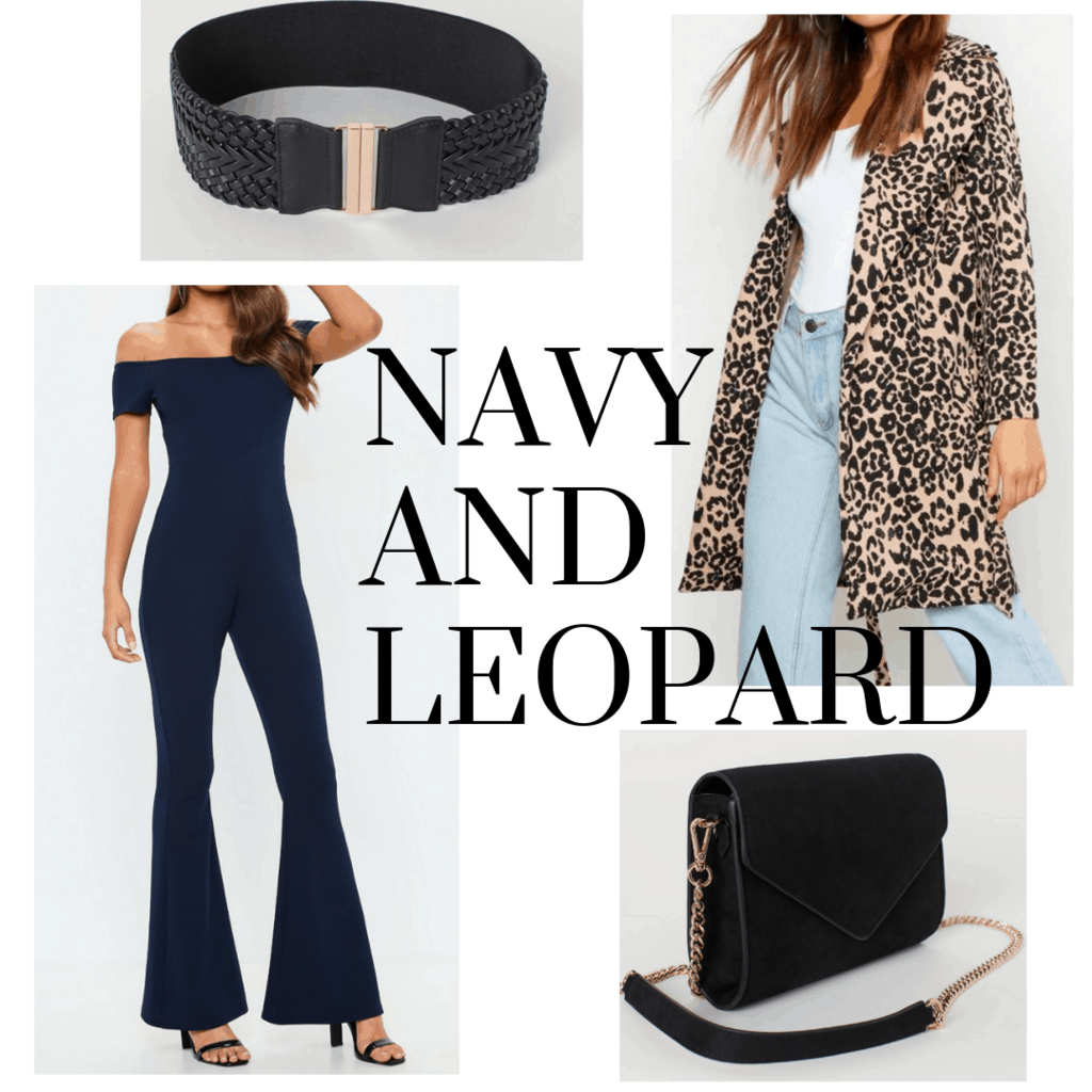 outfit panel with navy jumpsuit, leopard jacket, black clutch, and black belt