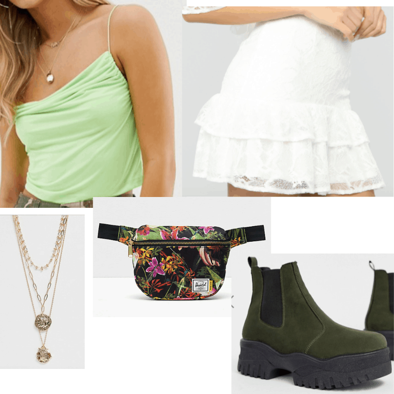 Coachella outfit with lace mini skirt, black boots, floral fanny pack, neon top, gold jewelry