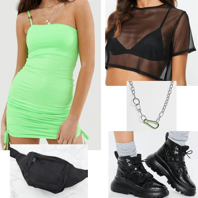 Coachella outfit 2: Neon dress, chunky sneakers, fanny pack, mesh top