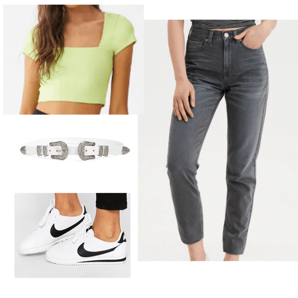 Cute outfit for class with neon crop top, black high waisted jeans, white belt, black nike sneakers