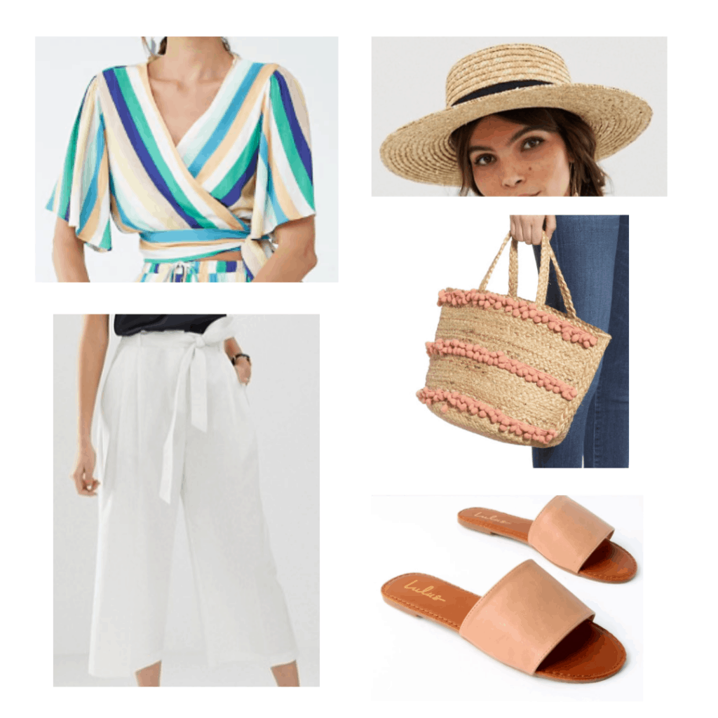 colorful striped tie top, straw boater hat, white linen pants, pink pom pom straw tote, pink slide sandals