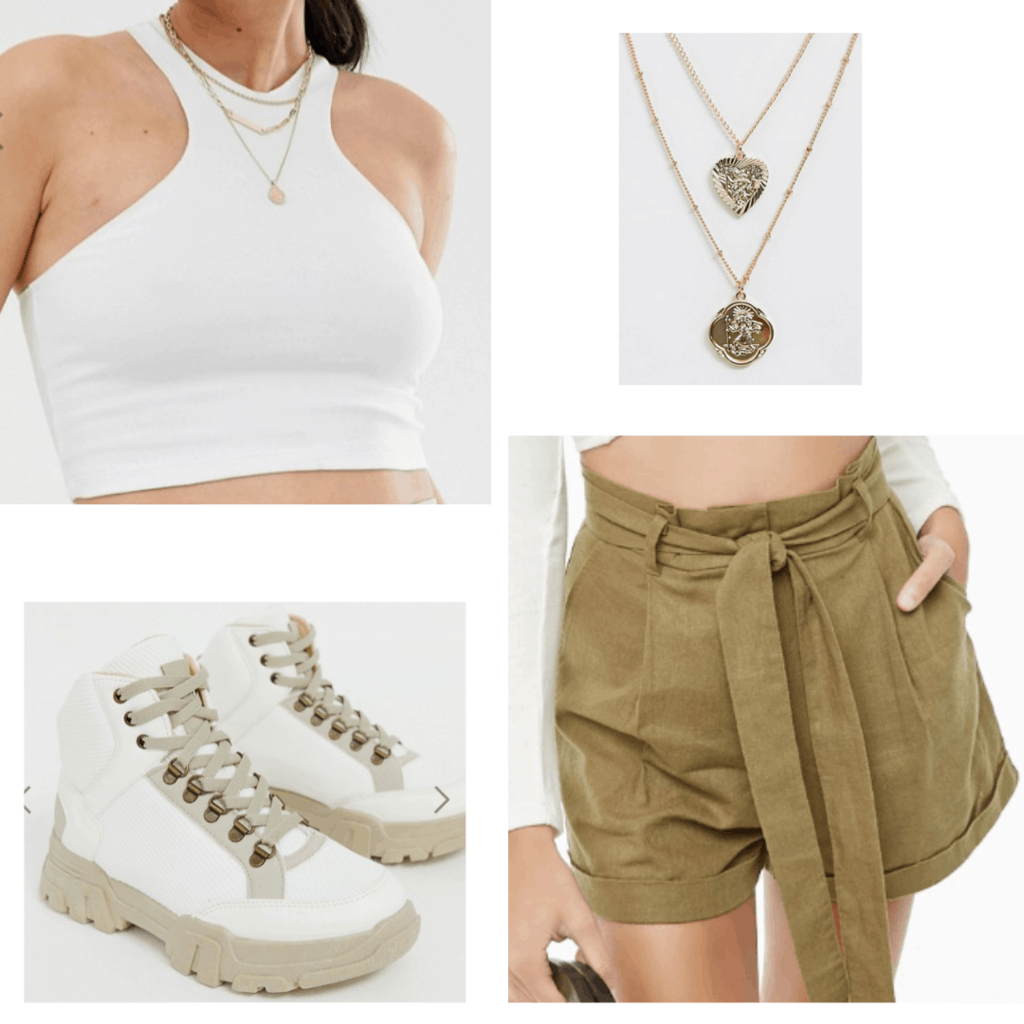 Outfit idea for class: White crop top, white desert boots, high waisted shorts, necklaces