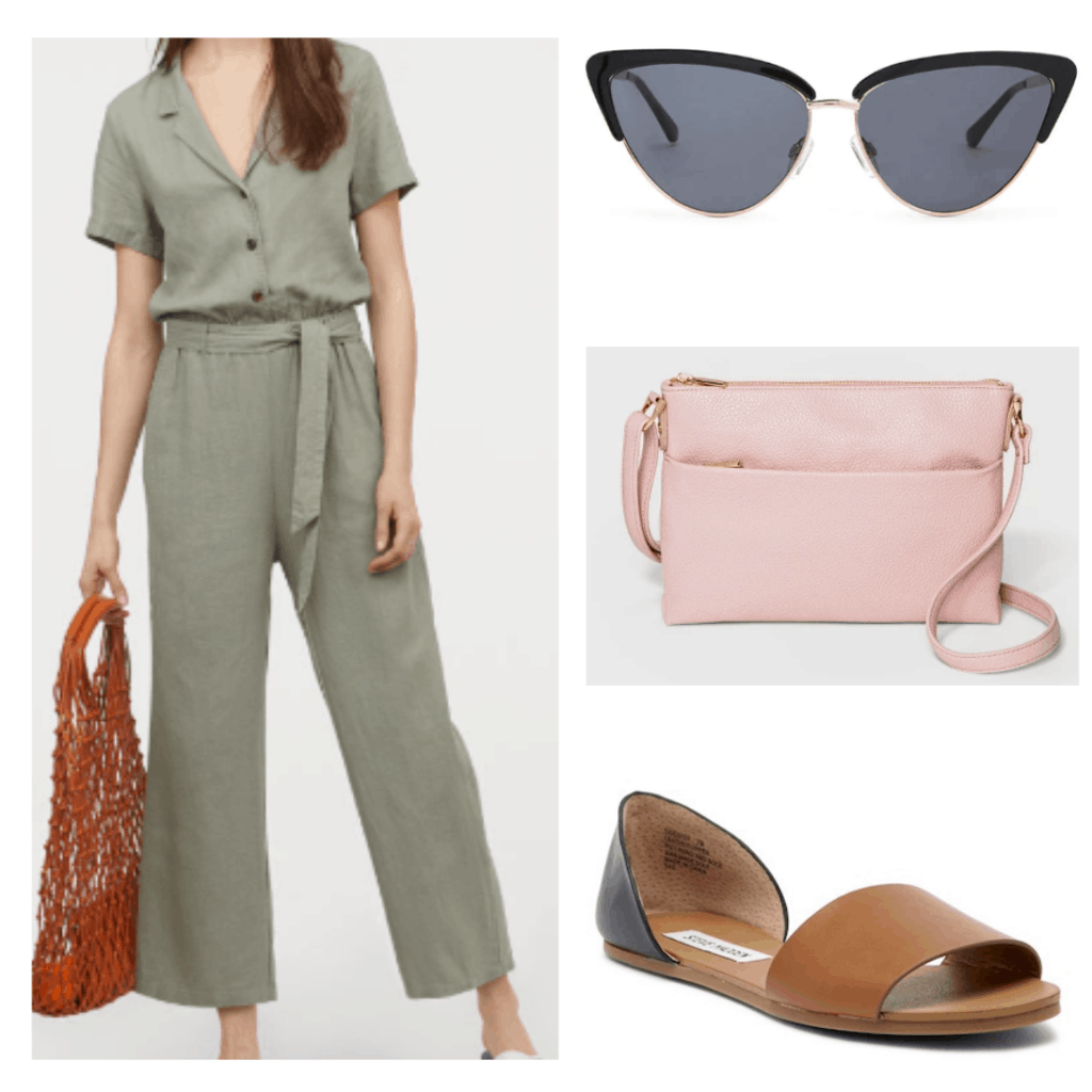 What to wear in Thailand: Outfit idea with green linen jumpsuit, cat eye sunglasses, pink crossbody bag, open toe flats