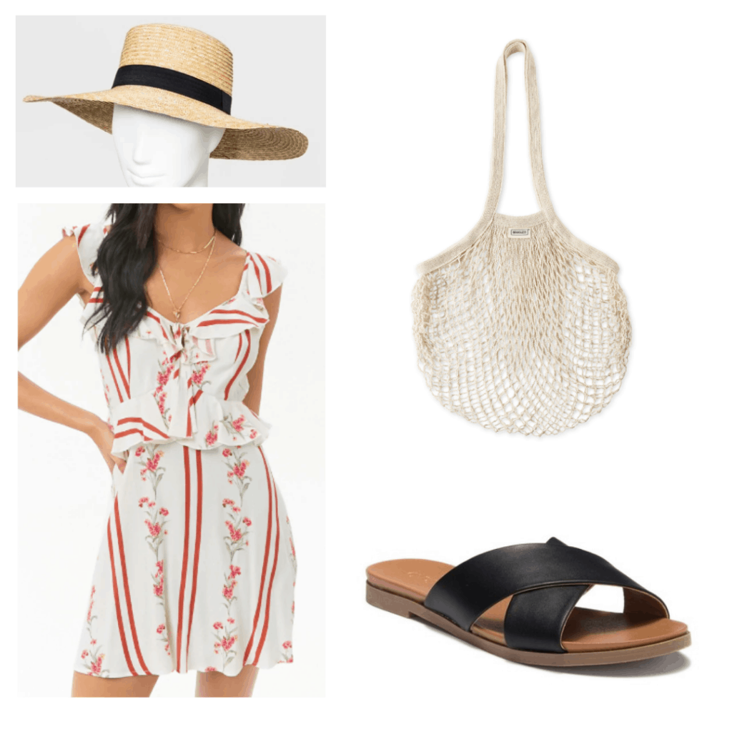 Outfit to wear in Phuket Thailand with sun hat, floral ruffled summer dress, open knit market tote, criss cross black sandals