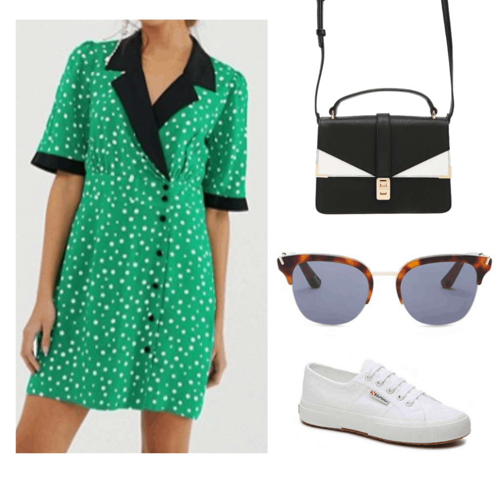 green white polka dot dress with black collar, white and black detailed cross body bag, tortoiseshell sunglasses, white superga shoes